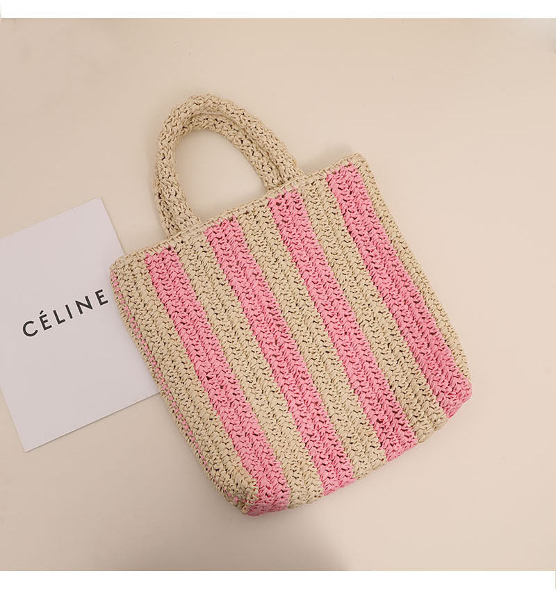 Vertical Stripes French Straw Bag Portable Contrast Color Straw Bag Woven Bag Women's Bag Seaside Vacation Beach Bag