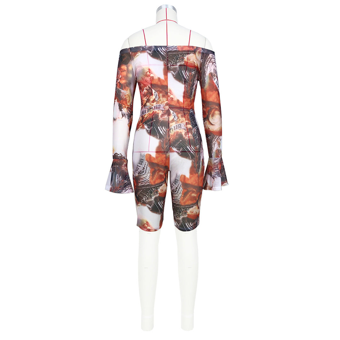 Women Clothing Nightclub Sexy Transparent Mesh Floral Print Bell Sleeve off Shoulder Jumpsuits