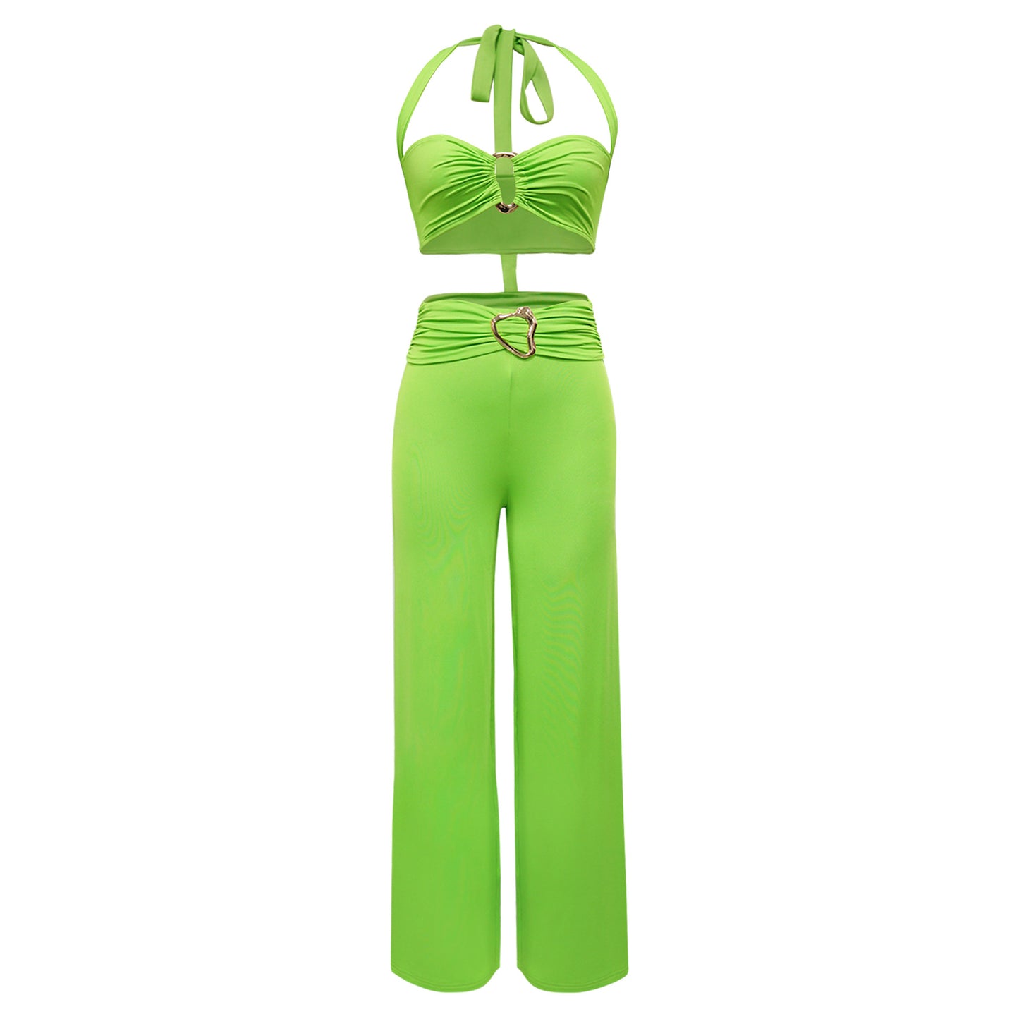 Women Clothing Summer Decorative Buckle Solid Color Sexy Halter Two Piece Set