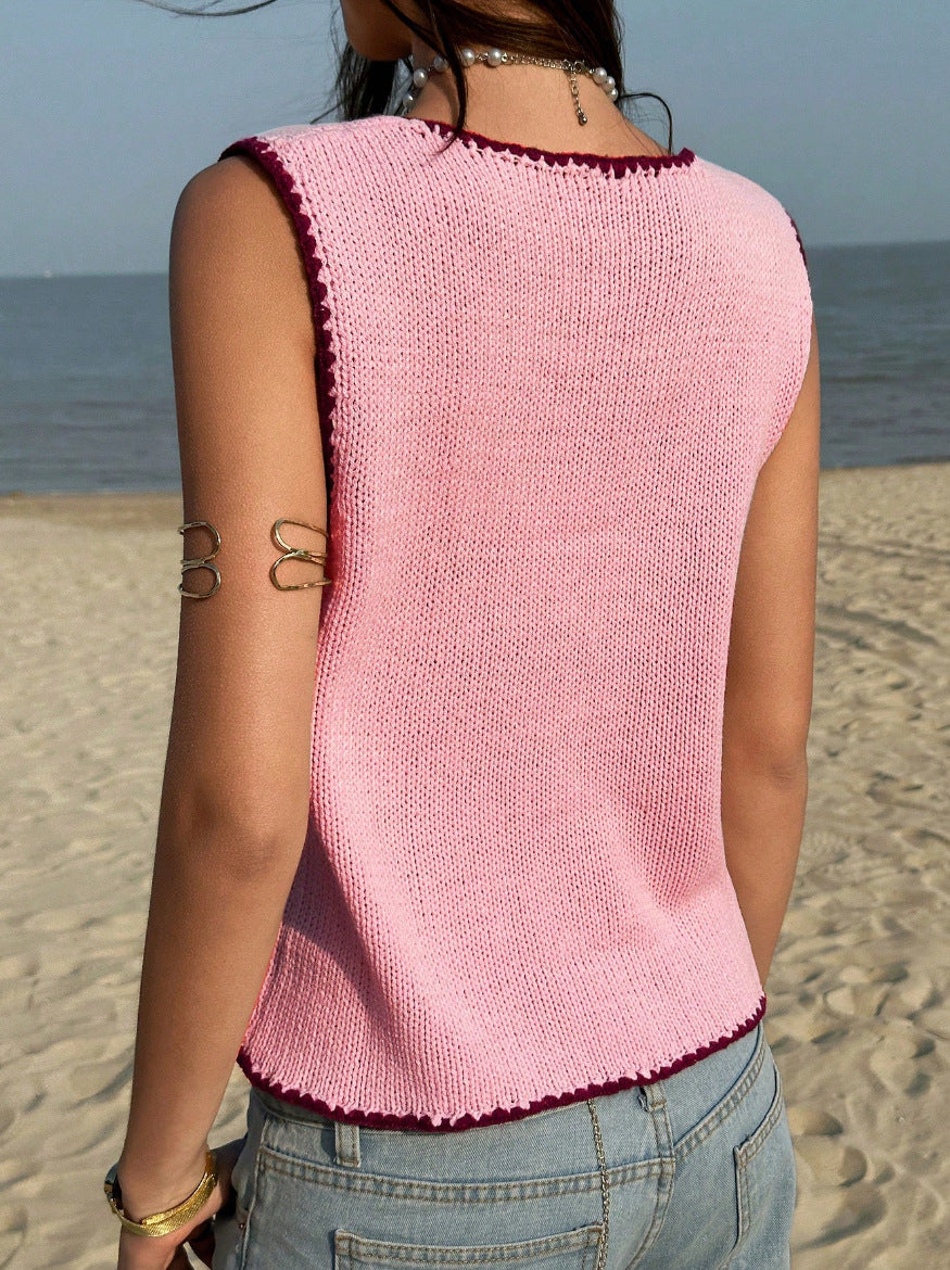 Summer Women Clothing Contrast Color Hook Vest Sleeveless Y2g Sexy Sweater