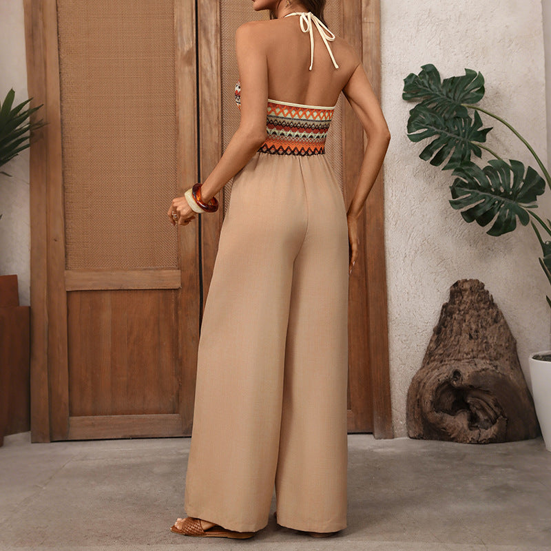 Retro Vacation Ethnic Halter Colored Embroidery Stitching Jumpsuit