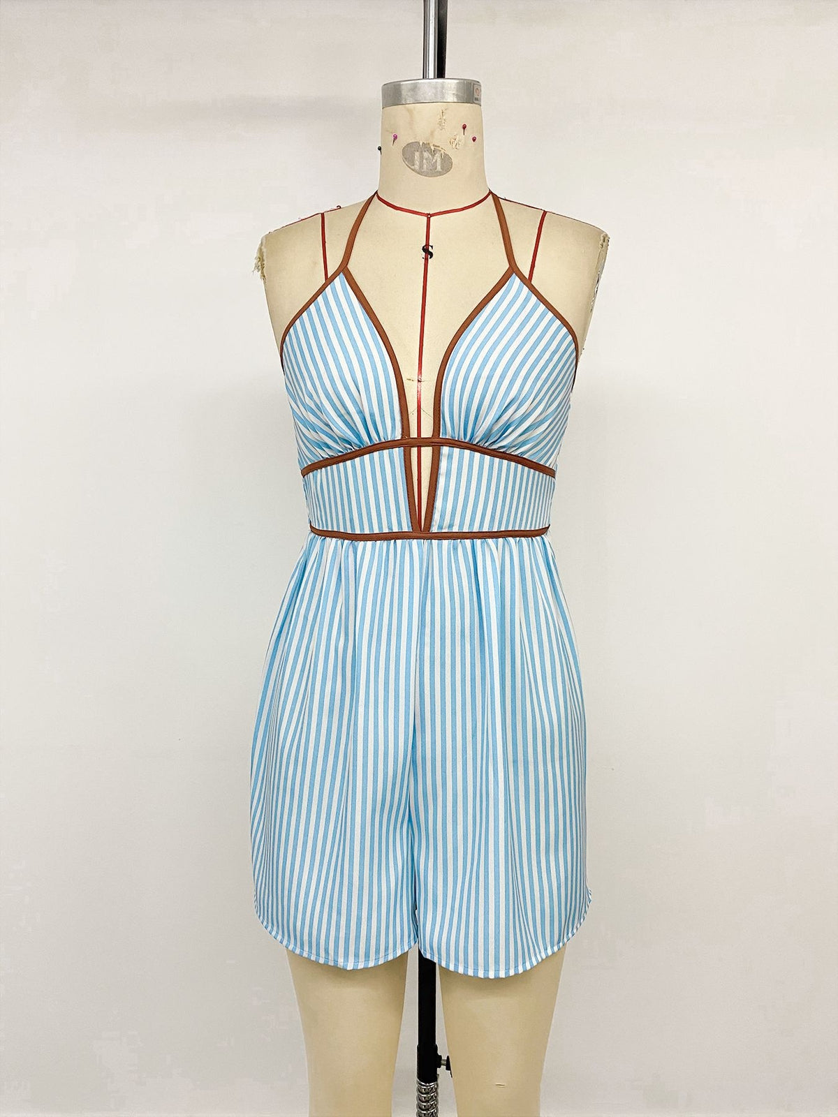 Summer Office V neck Smocking Halter Striped Jumpsuit Women