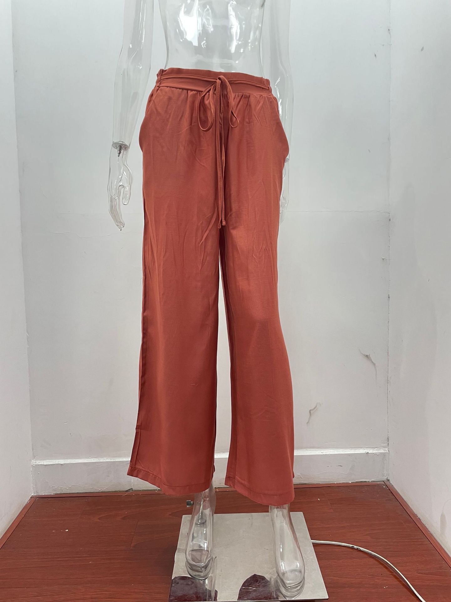 Summer Women High Waist Casual Trousers Solid Color Elastic Waist Lace-up Loose Wide-Leg Pants Women