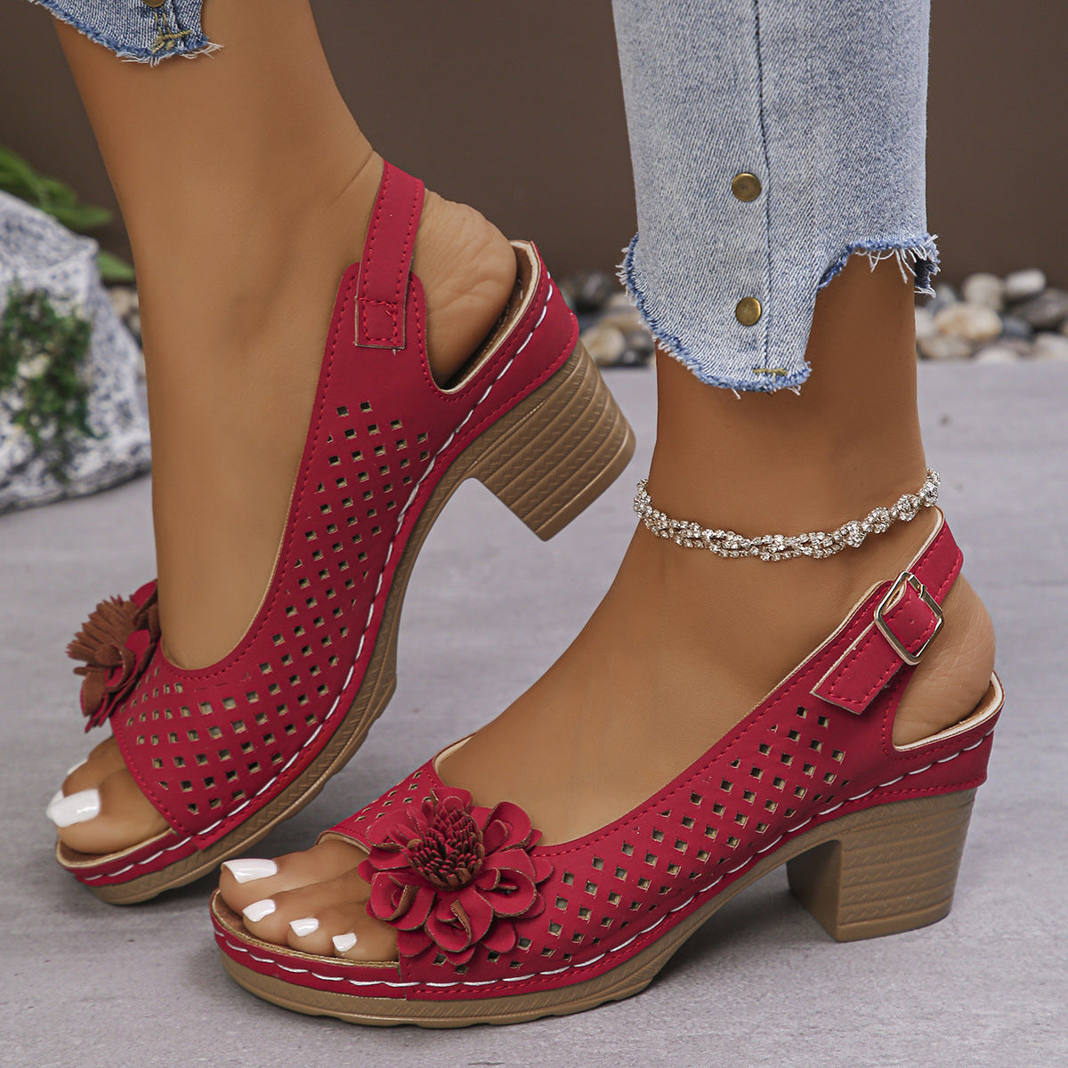 Hollow Out Cutout out Floral High Heel Peep Toe Sandals Women Chunky Heel Buckle Back Empty Sandals