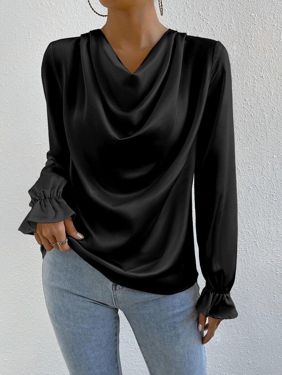 Women Clothing Ruffled Sleeve Satin Shirt Autumn Arrival Long Sleeve Satin Shirt