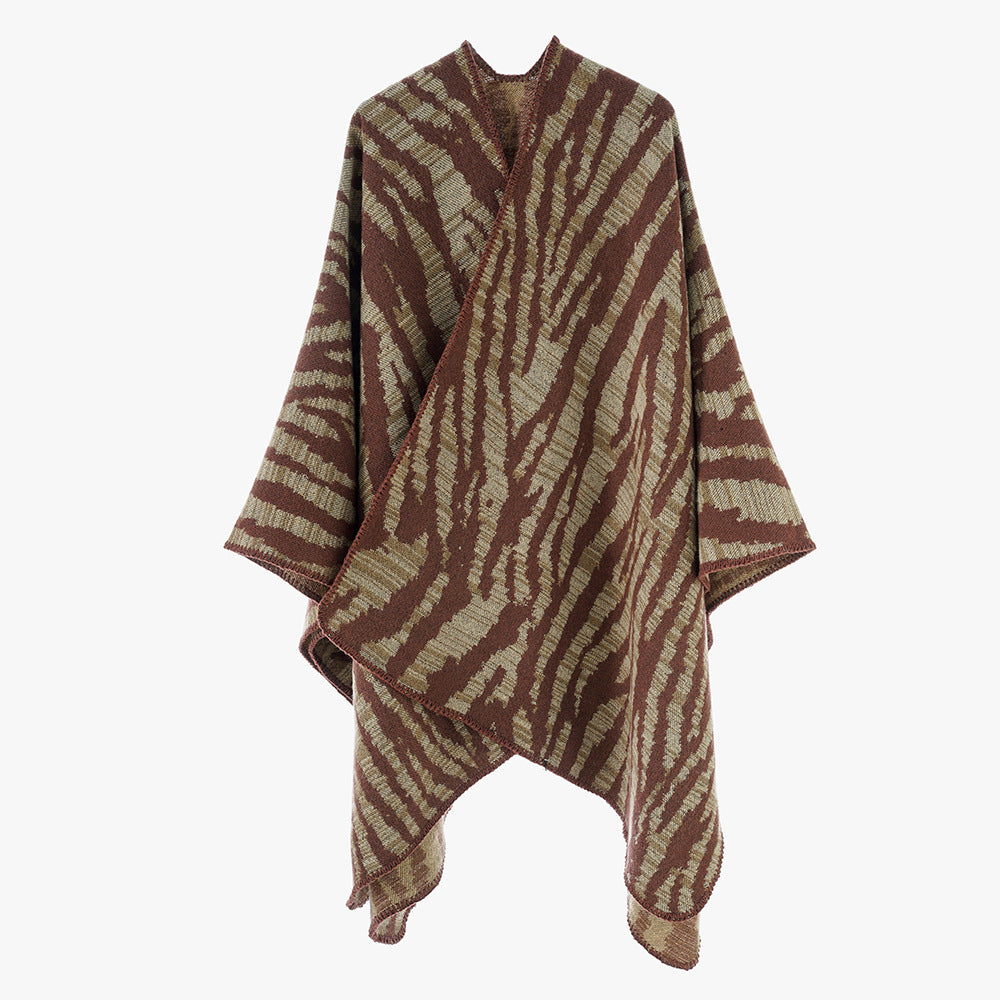 Fashionable Striped Shawl Women Autumn Winter Korean Striped Color Matching Zebra Pattern Warm Cashmere like Shawl Trendy