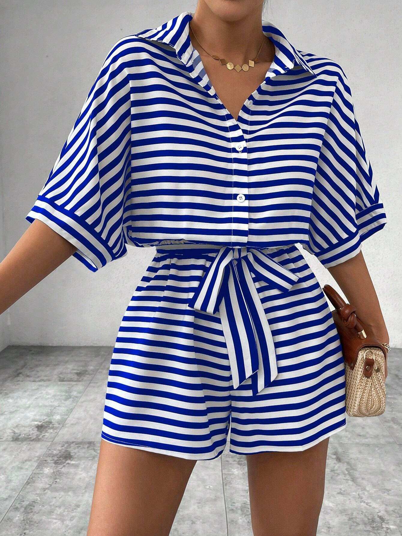 Summer Women Clothing Striped Collared Cardigan Button Half Sleeve Shorts Jumpsuit