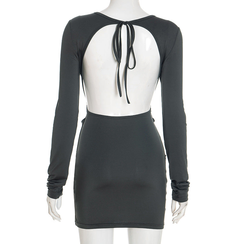 Women Autumn Winter Simple Graceful Slim Sheath Fitted Waist Solid Color Short Dress