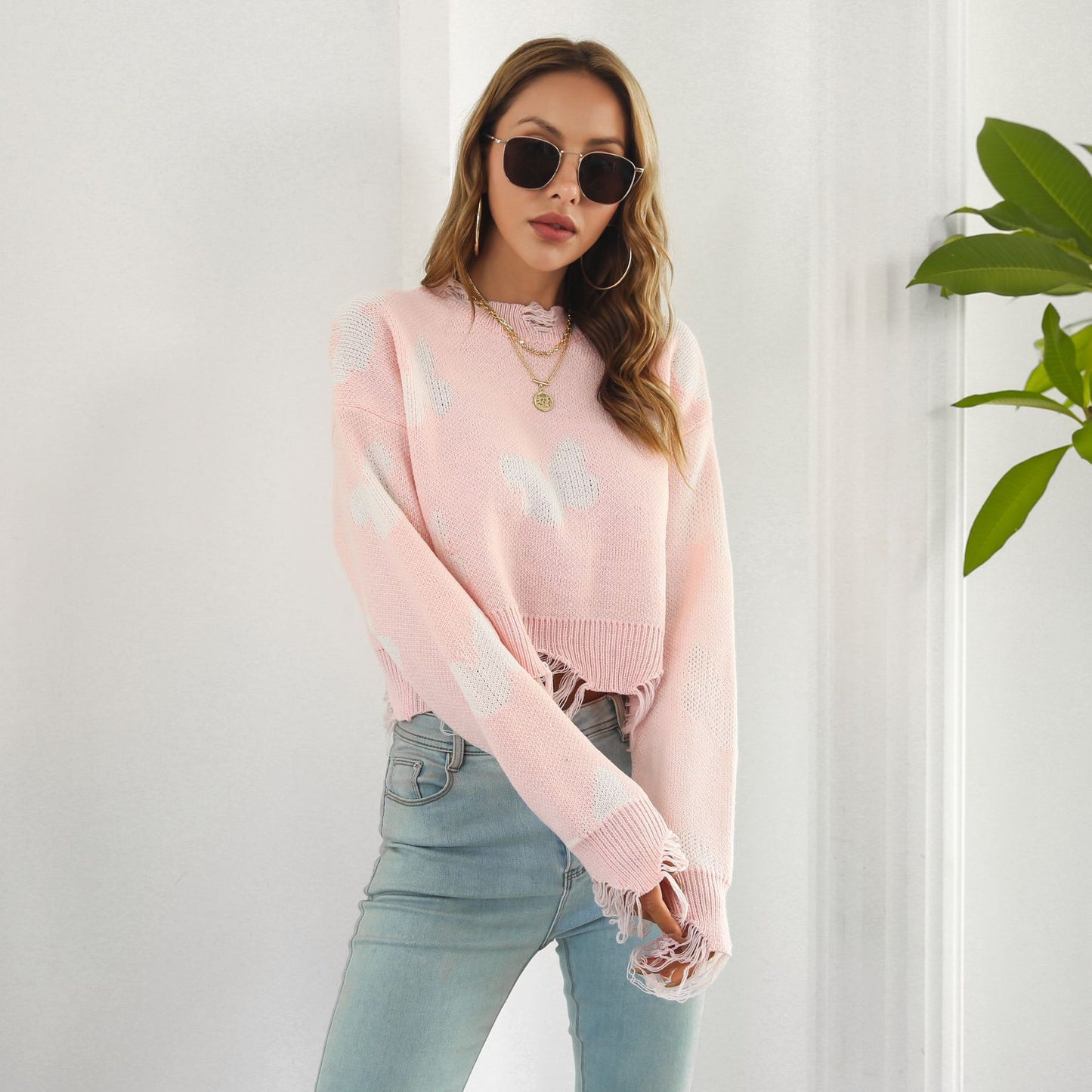 Ripped Butterfly Jacquard Short Sweater Women Autumn Winter Long Sleeve Sweater Sweater