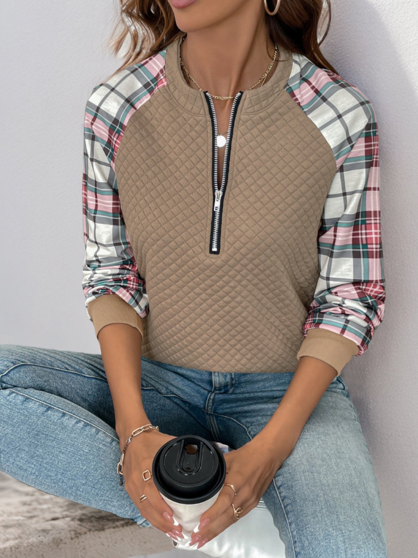 Casual Retro Cardigan Zipper Plaid Stitching Diamond Patterns Fabric Sweatshirts