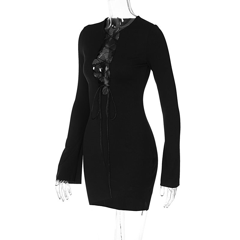 Fall Women Chest Lace up Sexy Low Cut Solid Color Round Neck Long Sleeve Narrow Dress