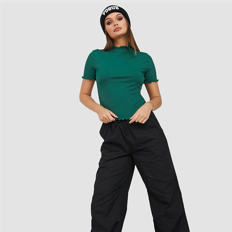 Women Clothing Women Short Sleeve Solid Color Turtleneck T Shirt Thread Sunken Stripe High Elastic Top