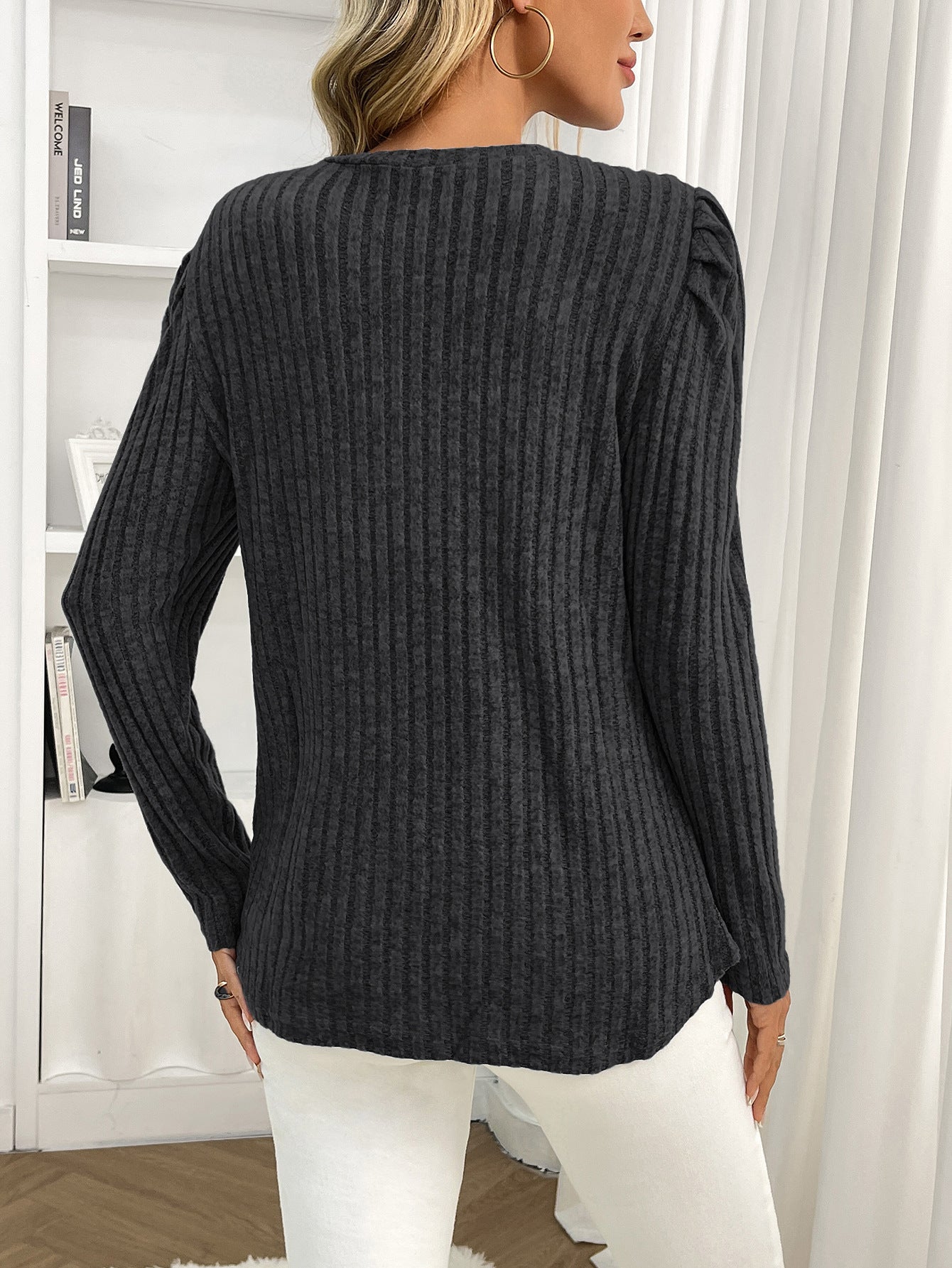 Arrival Women round Neck Puff Sleeve Brushed Sunken Stripe Solid Color Upper Clothes Long Sleeves T shirt