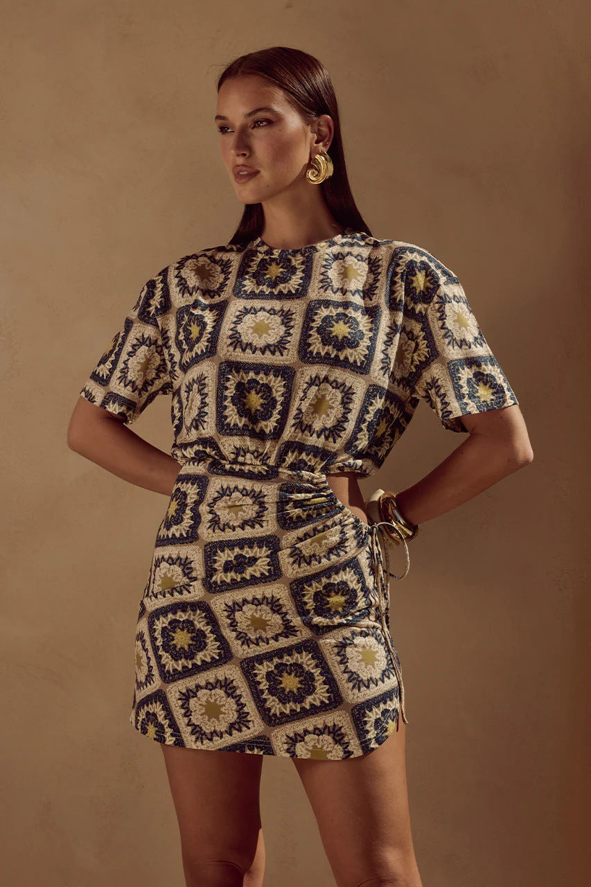 Summer Personalized Printed Waist Drawstring Sexy Sheath Mini Dress