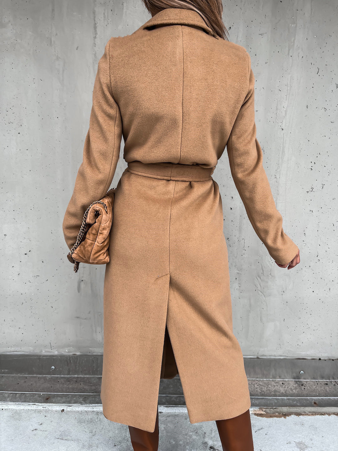 Autumn Winter Women Clothing Solid Color Polo Collar Long Sleeved Woolen Coat Simple Lace up Trench Coat