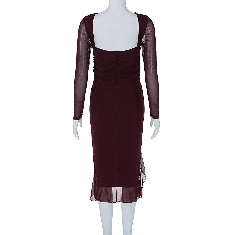 Women Clothing Summer Mesh Long Sleeve Backless Slit Ruffled Dress