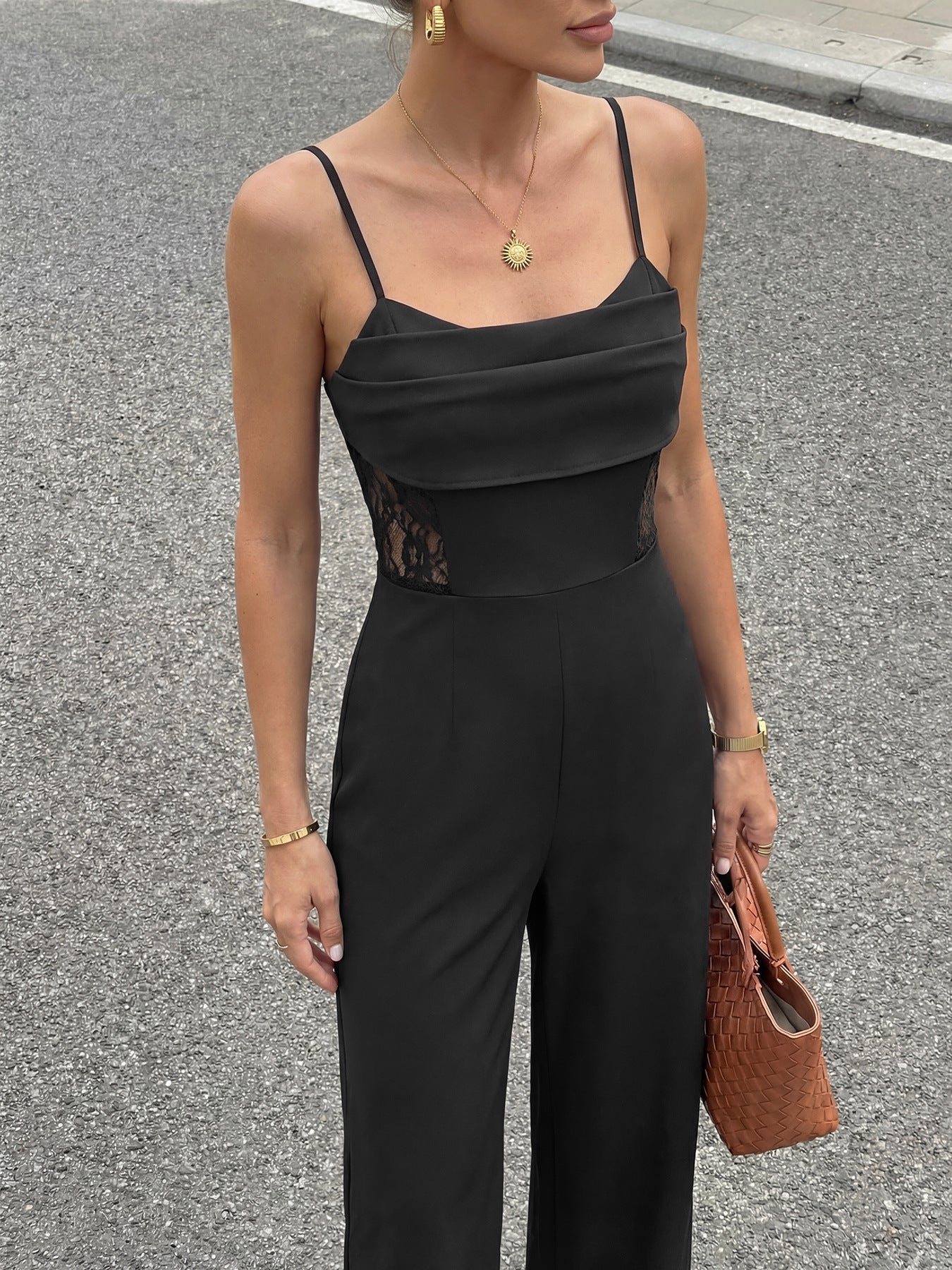 Sexy Wind Black Strap Lace Fitted Waist Jumpsuit
