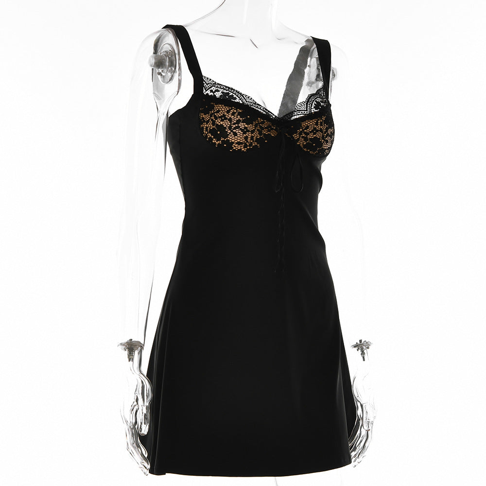 Women Sexy Slip Dress Autumn Lace Low Collar Backless Sheath Dress