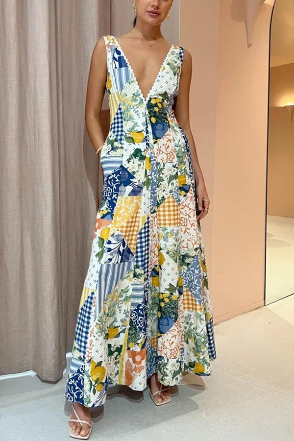 Summer Casual Women Printed Wear Sleeveless Large V-neck Large Swing Dress Amplified craft
