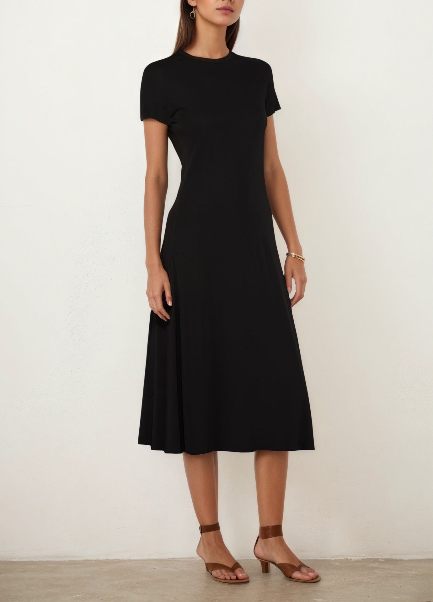 Summer Casual round Neck Short Sleeve Slim Fit A line Swing Dress