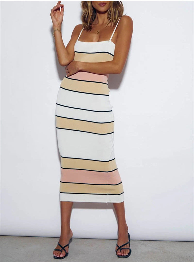 Summer Dress Sexy Strap Contrast Color Striped Sleeveless Tight Dress