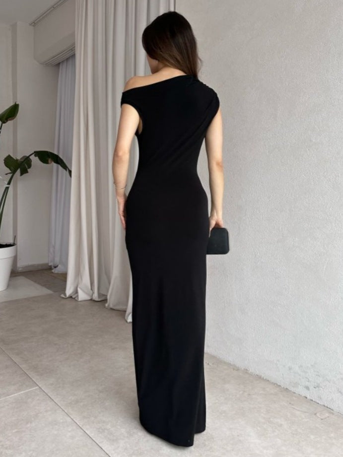 Summer Women Clothing Simple Intellectual Slant Shoulder Tight High Waist Pleated Split Dress