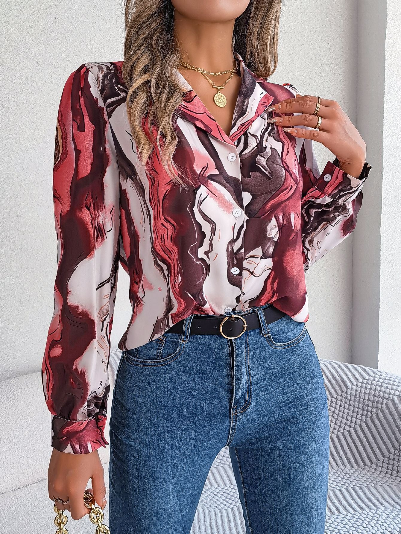 Autumn Winter Casual Contrast Color Striped Collar Long Sleeve Shirt Women Clothing