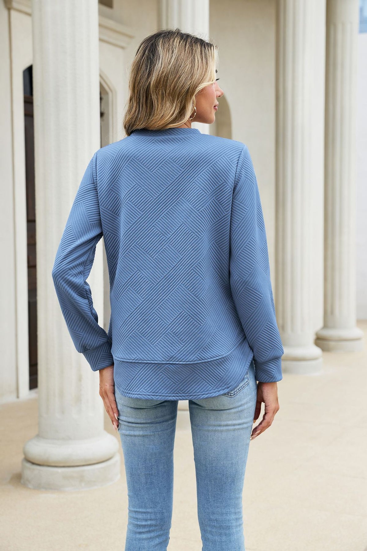 Autumn Winter Solid Color round Neck Loose Long Sleeved Sweater Plaid Top Women