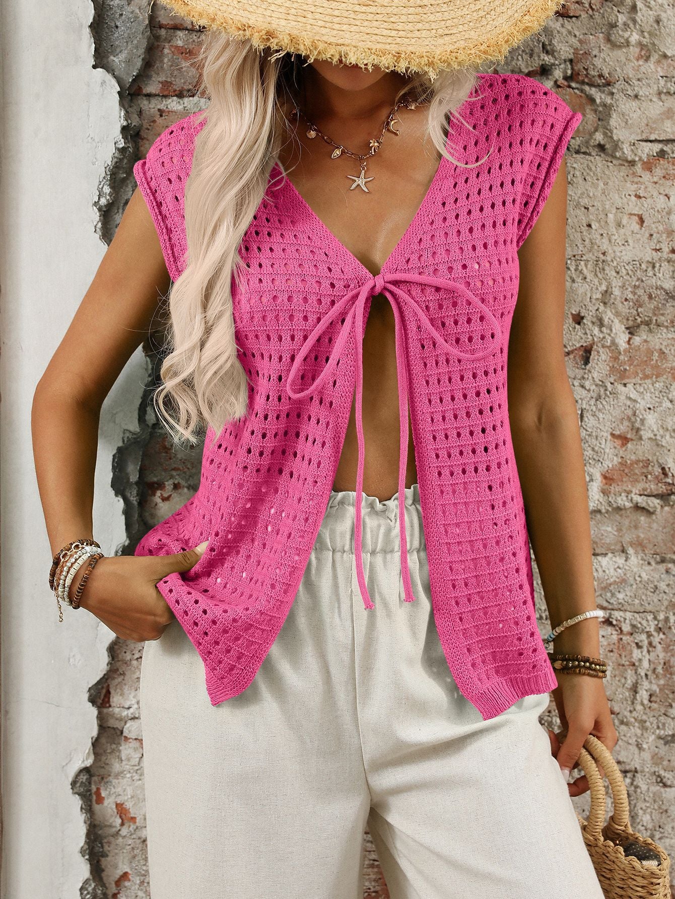 Women Clothing Hollow Out Cutout out Sweater Short Sleeved Knitted Cardigan Holiday Lace up Blouse
