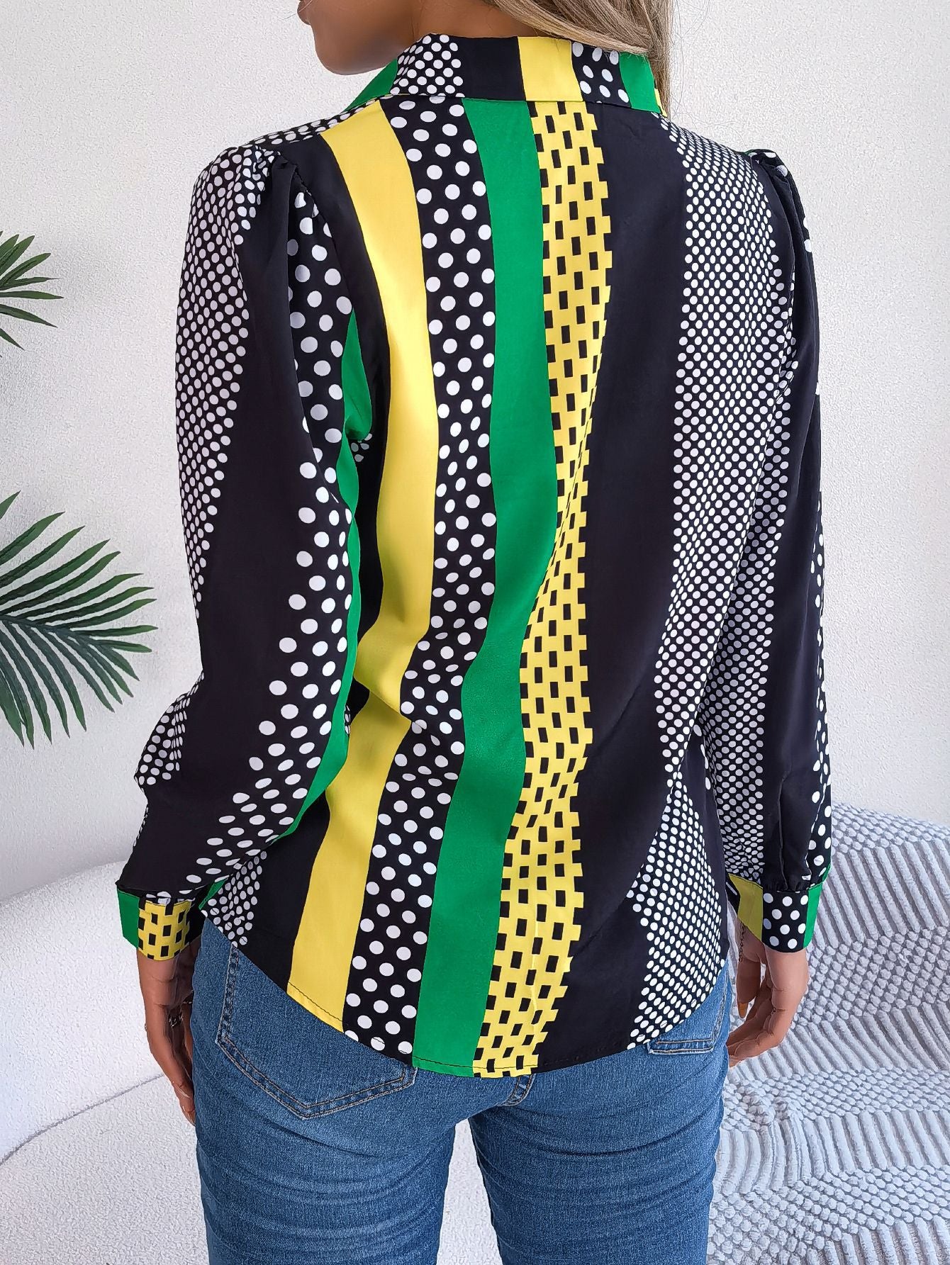 Autumn Winter Commuting Elegant Contrast Color Polka Dot Collar Long Sleeve Shirt Women Clothing