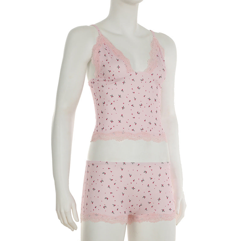 Casual Homewear Small Floral Lace Sexy Camisole Shorts Pajamas Two Piece Set