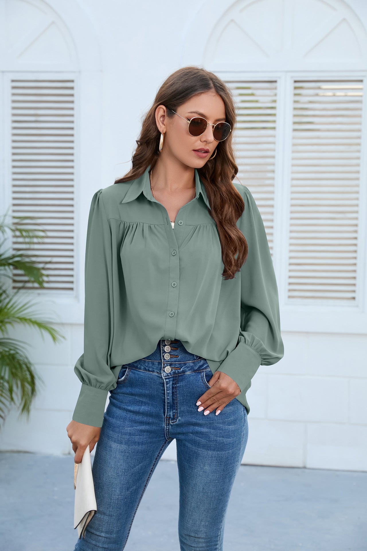 Women Clothing Spring Autumn Chiffon Shirt Women Shirt Pleated Long Sleeved Top Women