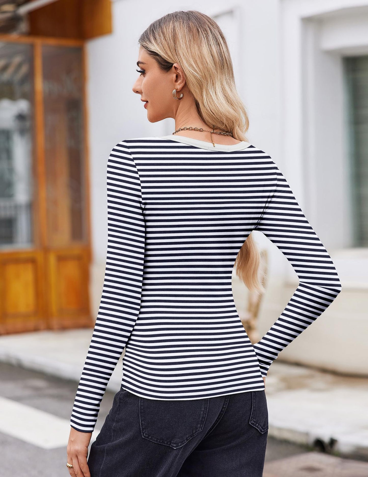 Women Wear Top Striped Slim U Neck Sexy Long Sleeve