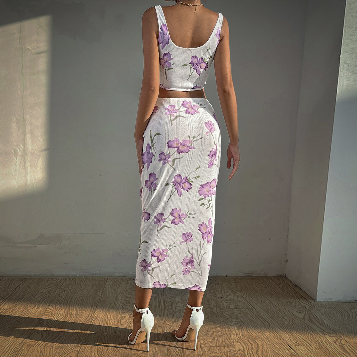 Women Sexy Spaghetti-Strap Floral Print Vest Slim Fit Sheath Skirt Set Women