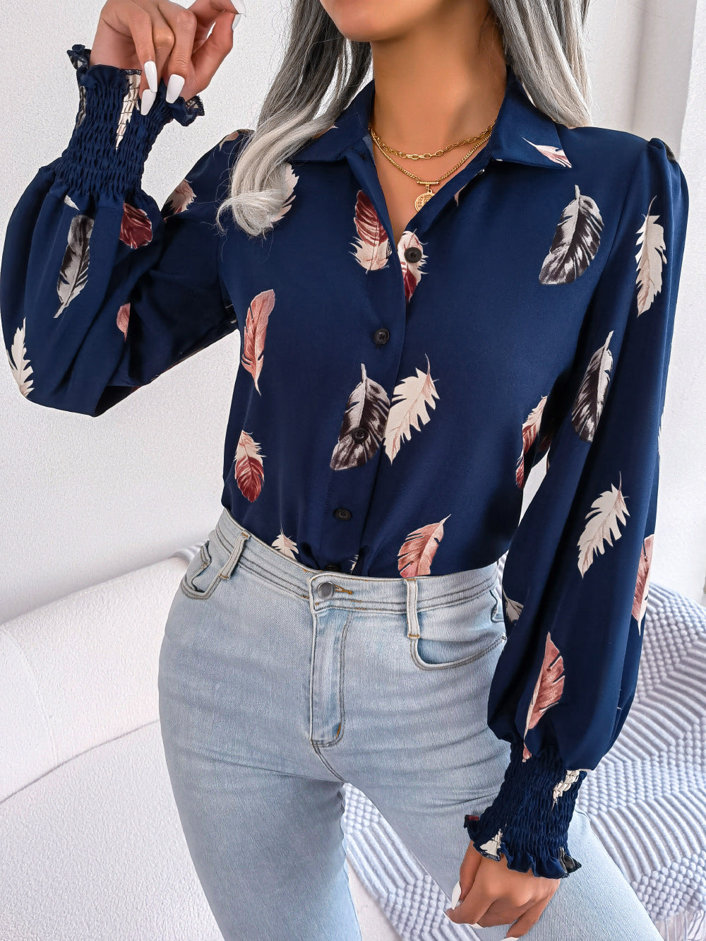 Spring Summer Elegant Feather Lantern Sleeve Collared Shirt Women Clothing