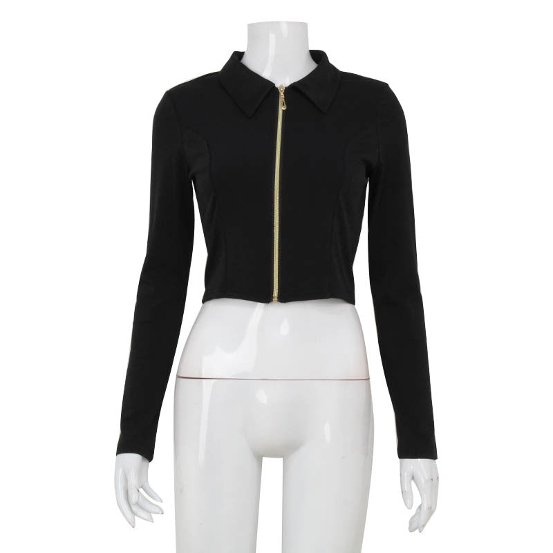 Autumn Women Clothing Sexy Long Sleeve Zipper Cardigan Slim Fit Slim Sexy Backless Short Top