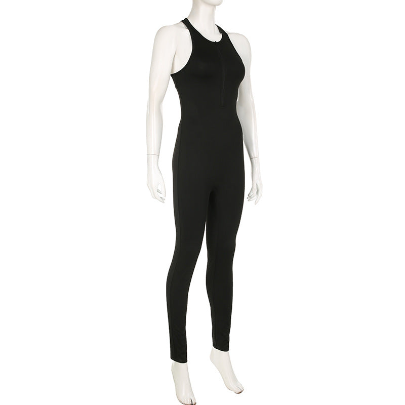 Sports Women Solid Color Yoga Pants Zipper Stitching Hollow Out Cutout Backless Tight Sleeveless One Piece Trousers