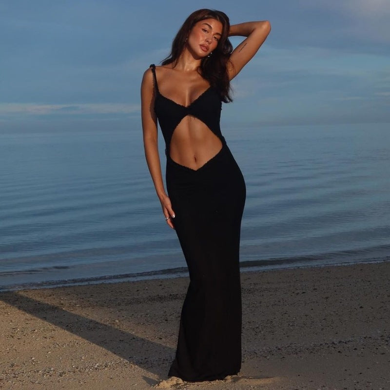 Summer Suspender Wooden Ear Collarless Cropped Sexy Slim Fit Jumpsuit Maxi Dress Women