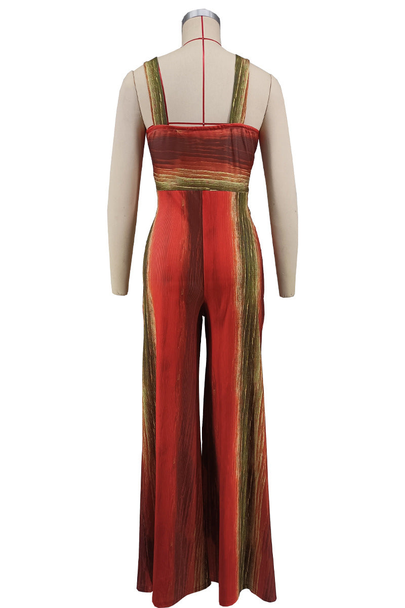 Shoulder Strap Sleeveless Deep V Plunge Sexy Tight Waist Slim Wide Leg Comfort Casual Loose Women Jumpsuit
