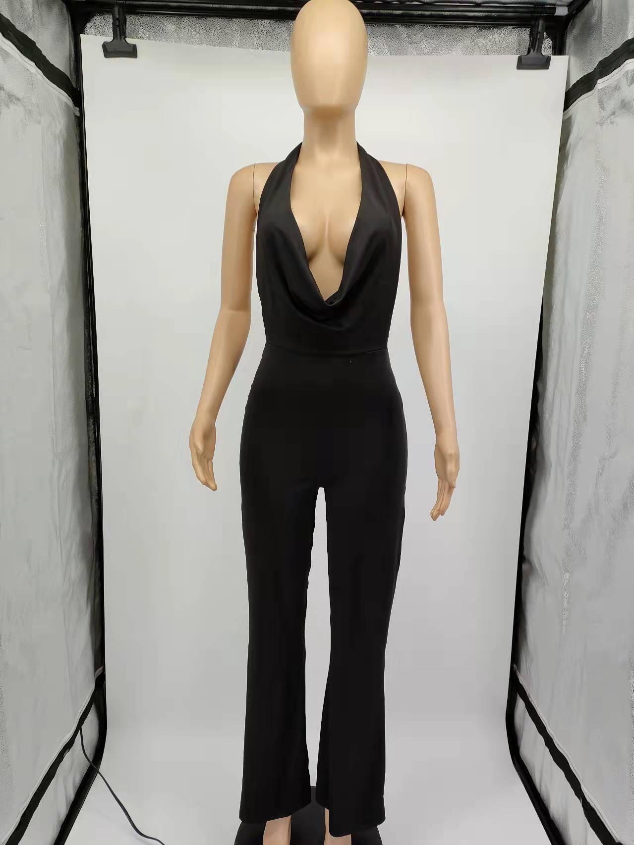 Summer Sexy Women Clothing Deep V Plunge Halter Backless Waist Wide Leg Jumpsuit