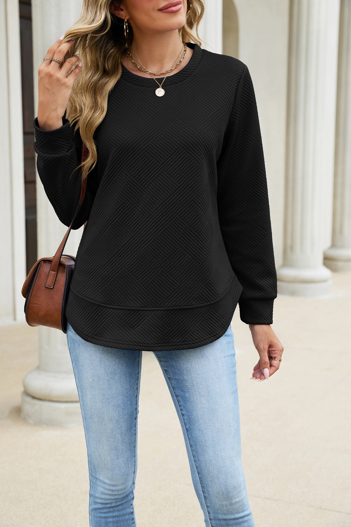 Autumn Winter Solid Color round Neck Loose Long Sleeved Sweater Plaid Top Women