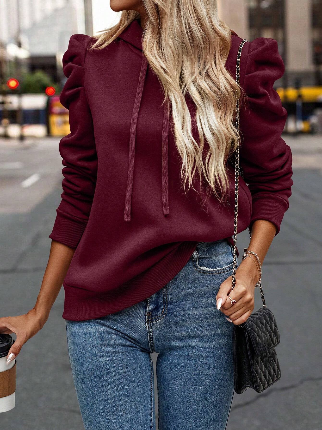 Autumn Winter Polo Collar Hooded Solid Color Long Sleeve Casual Women Top Sweatshirt