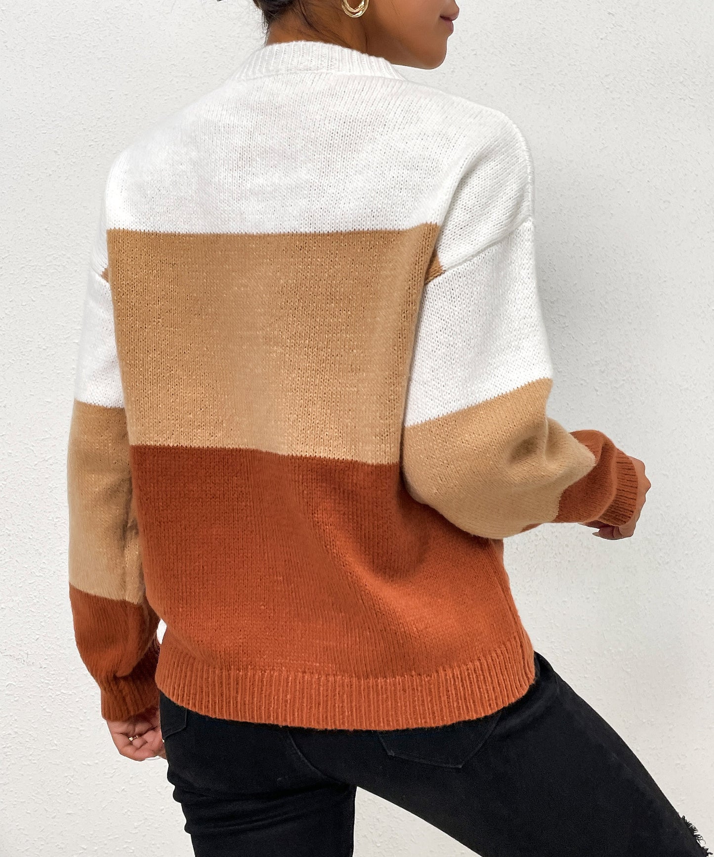 Vietnam Autumn Winter Casual Loose Gradient Color round Neck Striped Contrast Color Sweater Women