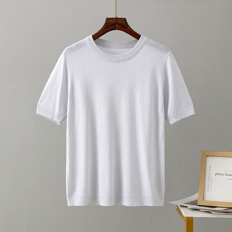 Women Clothing Summer Bright Silk Slim Fit Slimming Short Sleeved Sweater Pullover Top T shirt Bottoming Shirt