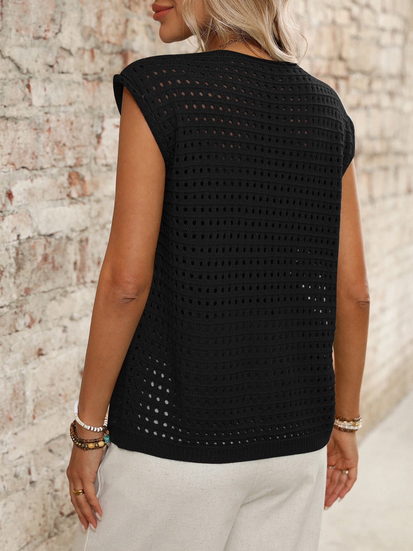 Women Clothing Hollow Out Cutout out Sweater Short Sleeved Knitted Cardigan Holiday Lace up Blouse