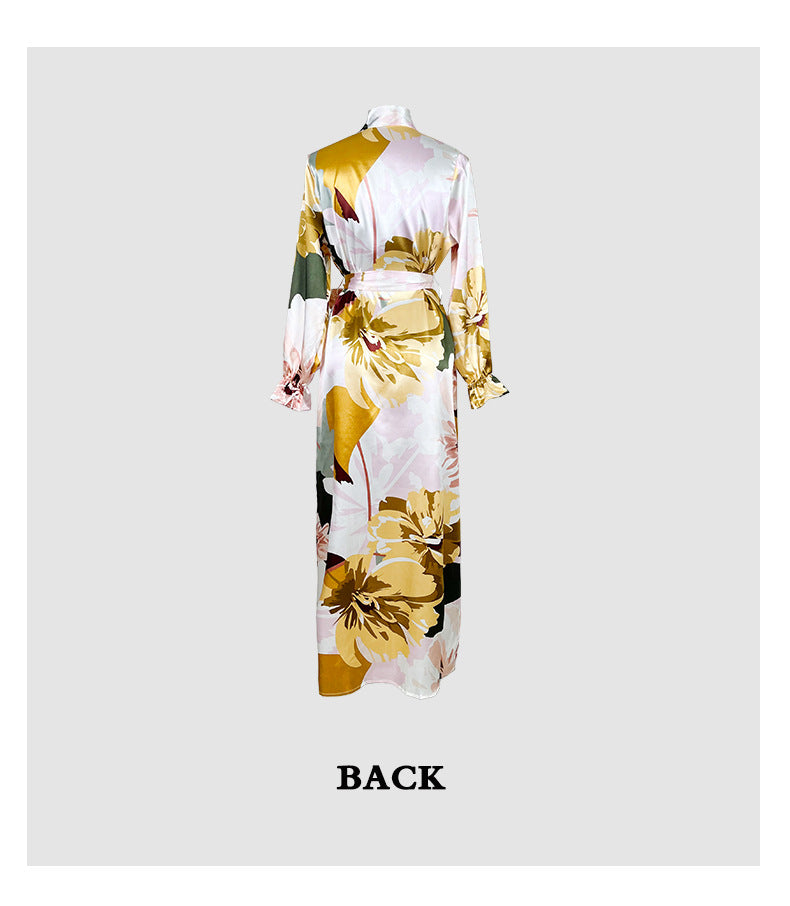 Sexy Long Pajamas Women Long Sleeve Women Bathrobe Comfortable Satin Printed Nightgown Home Wear
