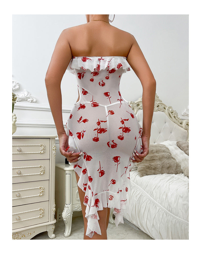 Rose Print Tube Top Mesh Nightdress Ruffled Hollow Out Cutout Sexy Dress