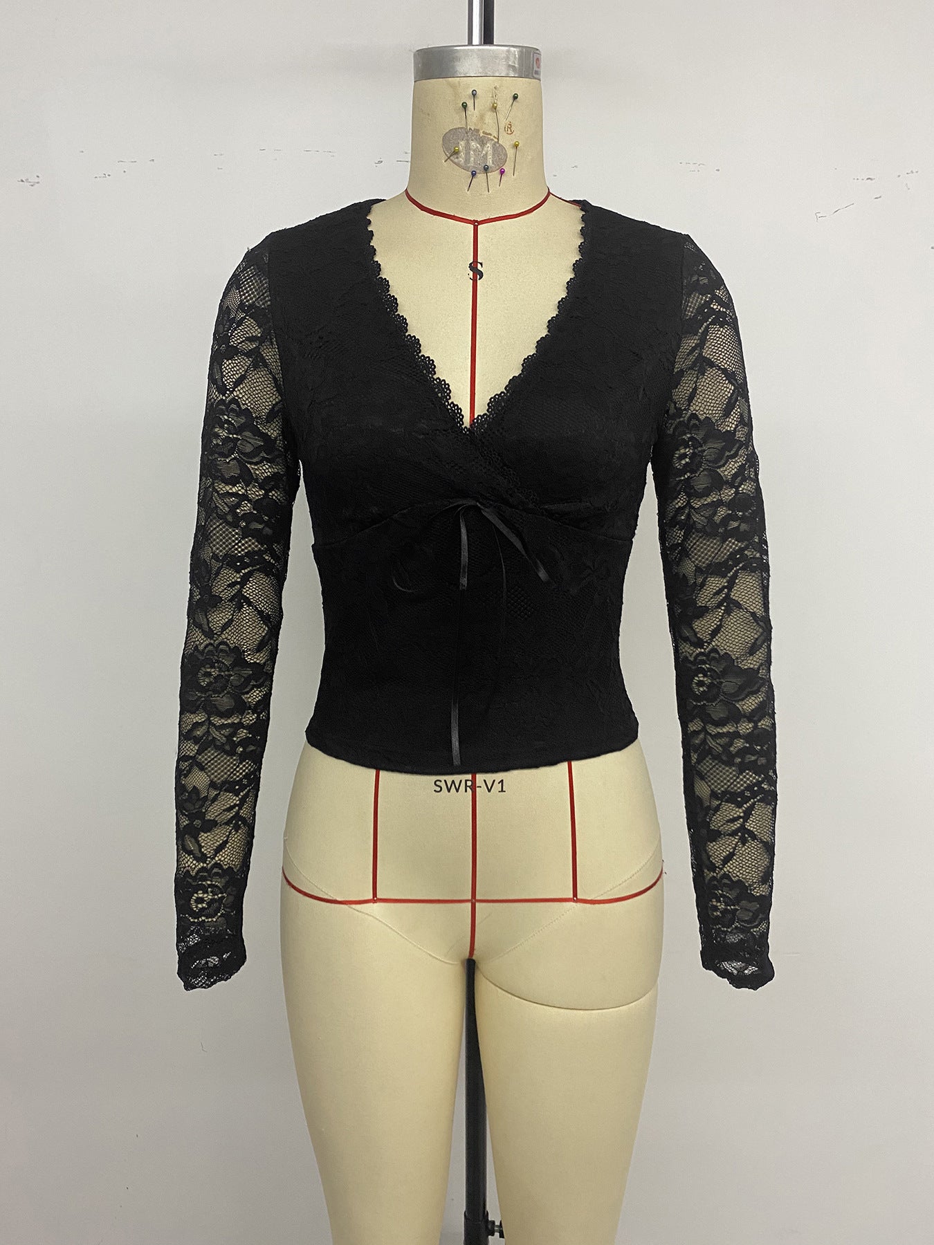 Elegant Sexy Back See through Lace Deep V Plunge neck Long Sleeve Black Top for Women