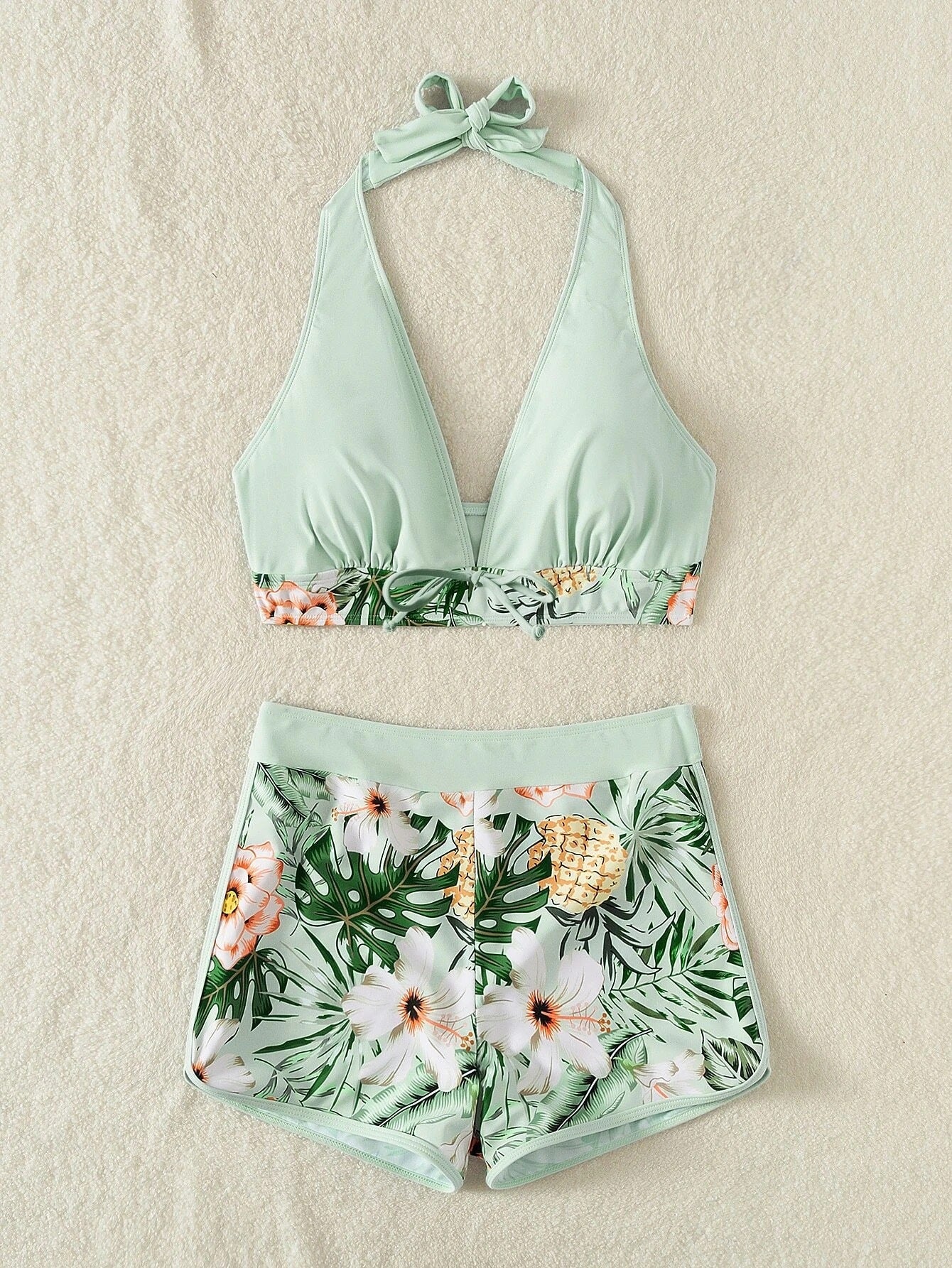 Swimsuit Women Split High Waist Boxer Lace Printing Solid Color Stitching Swimsuit