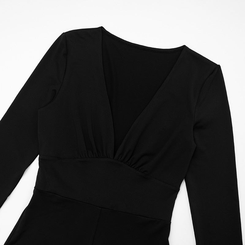 Women Autumn Solid Color Elegant Slim Deep V Plunge Long Sleeve Horn Long Conjoined Trousers